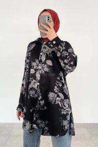 Black Shirt Collar Long Arm Cotton Fabric Printed Shirt