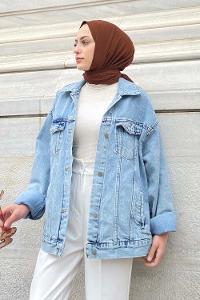 Modalamelif Önü Düğmeli Çift Cepli Sırt Baskılı Kot Ceket Kot Mavisi