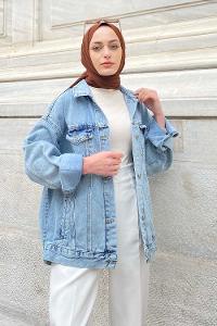 Modalamelif Önü Düğmeli Çift Cepli Sırt Baskılı Kot Ceket Kot Mavisi