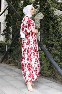 Red Crew Neck Poplin Fabric Printed Dresess