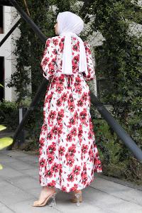 Red Crew Neck Poplin Fabric Printed Dresess