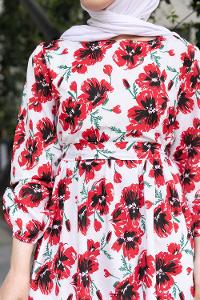 Red Crew Neck Poplin Fabric Printed Dresess