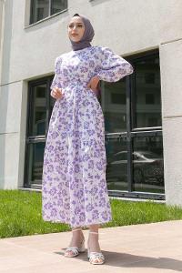 Lilac Crew Neck Poplin Fabric Printed Dresess