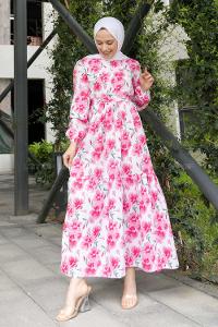 Pink Crew Neck Poplin Fabric Printed Dresess