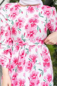 Pink Crew Neck Poplin Fabric Printed Dresess