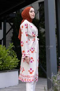 Ecru Pink Bat Sleeve Arm Belted Linen Flowering Kimono