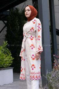 Ecru Pink Bat Sleeve Arm Belted Linen Flowering Kimono