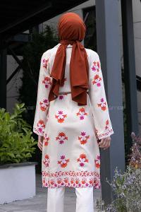 Ecru Pink Bat Sleeve Arm Belted Linen Flowering Kimono