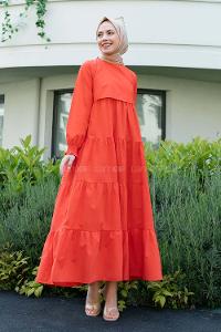 Orange Crew Neck Cotton Unprinted Printed Dresess