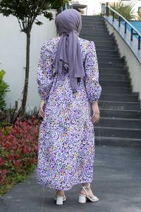 Purble Crew Neck Poplin Fabric Printed Dresess