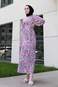 Saxe Pink Crew Neck Poplin Fabric Printed Dresess