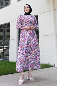 Saxe Pink Crew Neck Poplin Fabric Printed Dresess