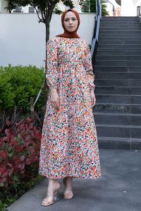 Orange Crew Neck Poplin Fabric Printed Dresess