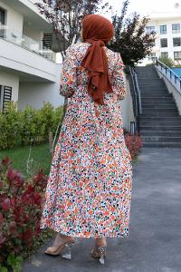 Orange Crew Neck Poplin Fabric Printed Dresess