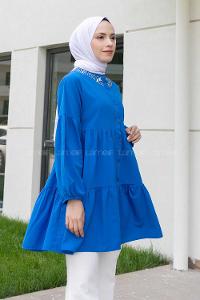 Indigo Mandarin Collar Long Arm Cotton Unprinted Shirt