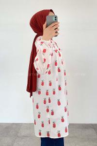 Red Mandarin Collar Cotton Printed Tunic