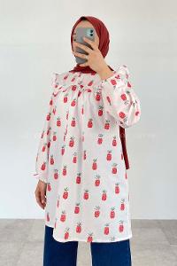 Red Mandarin Collar Cotton Printed Tunic