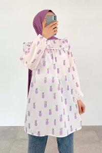 Lilac Mandarin Collar Cotton Printed Tunic