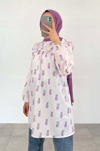 Lilac Mandarin Collar Cotton Printed Tunic