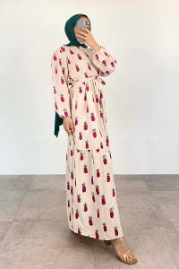 Fuchsia Crew Neck Linen Printed Dresess