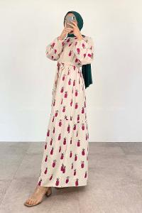 Fuchsia Crew Neck Linen Printed Dresess