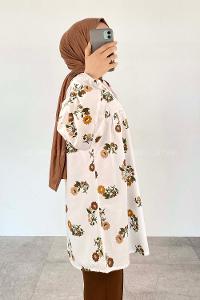 Brown Mandarin Collar Long Arm Cotton Printed Shirt