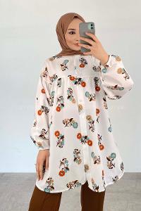 White Mandarin Collar Long Arm Cotton Printed Shirt