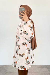 White Mandarin Collar Long Arm Cotton Printed Shirt