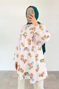Orange Mandarin Collar Long Arm Cotton Printed Shirt
