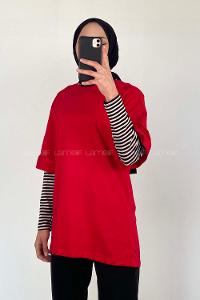 Red Crew Neck Half Arm Arm Cotton Fabric Unprinted T-shirt