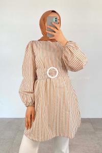 Brown With Milk Crew Neck Poplin Fabric Unprinted Tunic