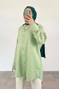 Green-2 Shirt Collar Long Arm Cotton Unprinted Shirt