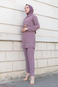 Plato Crew Neck Long Arm Beaded Ayrobin Trousers Comfortable Suit