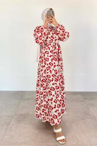 Red Crew Neck Poplin Fabric Printed Dresess