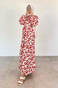 Red Crew Neck Poplin Fabric Printed Dresess