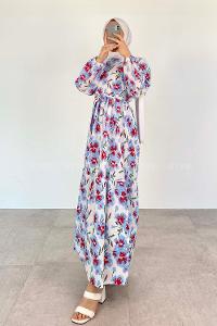 Blue Crew Neck Poplin Fabric Printed Dresess