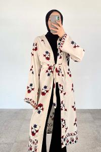 Ecru Burgundy Bat Sleeve Arm Belted Linen Flowering Kimono