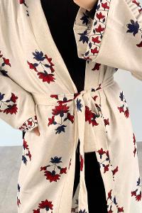 Ecru Burgundy Bat Sleeve Arm Belted Linen Flowering Kimono