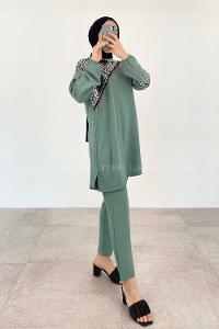 Pastel Green Crew Neck Long Arm Beaded Ayrobin Trousers Comfortable Suit