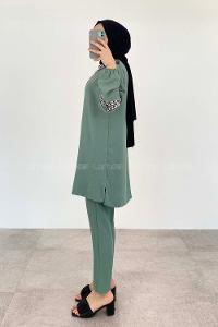 Pastel Green Crew Neck Long Arm Beaded Ayrobin Trousers Comfortable Suit
