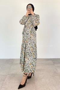 Gray Crew Neck Poplin Fabric Printed Dresess