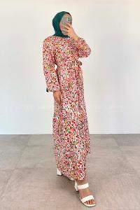 Pink Crew Neck Poplin Fabric Printed Dresess