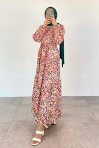 Pink Crew Neck Poplin Fabric Printed Dresess