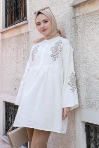 White Mandarin Collar Linen Printed Tunic