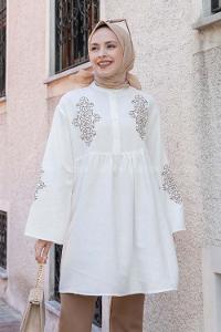 White Mandarin Collar Linen Printed Tunic