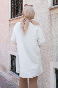 White Mandarin Collar Linen Printed Tunic