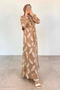 Modalamelif Ön Fırfırlı Şifon Elbise Bej