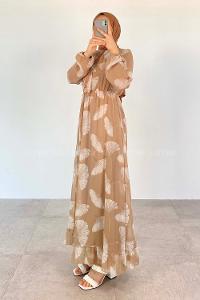 Modalamelif Ön Fırfırlı Şifon Elbise Bej