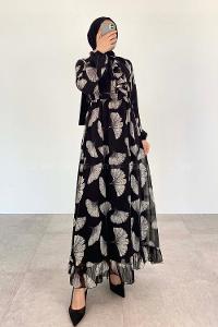 Black Mandarin Collar Cotton Fabric Printed Dresess