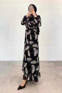 Black Mandarin Collar Cotton Fabric Printed Dresess